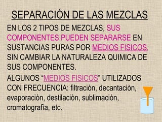 SEPARACIÓN DE LAS MEZCLAS EN LOS 2 TIPOS DE MEZCLAS,  SUS COMPONENTES PUEDEN SEPARARSE  EN SUSTANCIAS PURAS   POR   MEDIOS FISICOS ,  SIN CAMBIAR LA NATURALEZA QUIMICA DE SUS COMPONENTES. ALGUNOS “ MEDIOS FISICOS ” UTILIZADOS CON FRECUENCIA: filtraciòn, decantaciòn, evaporaciòn, destilaciòn, sublimaciòn, cromatografìa, etc. 