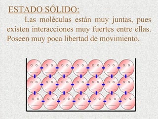 ESTADO SÓLIDO: Las moléculas están muy juntas, pues existen interacciones muy fuertes entre ellas. Poseen muy poca libertad de movimiento. 