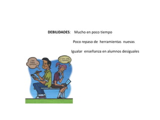 DEBILIDADES: Mucho en poco tiempo
Poco repaso de herramientas nuevas
Igualar enseñanza en alumnos desiguales
 