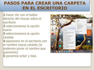 PASOS PARA CREAR UNA CARPETA
EN EL ESCRITORIO
1-hacer clic con el botón
derecho del mouse sobre el
escritorio
2-seleccionamos la opción
nuevo
3-seleccionamos la opción
carpeta
4-aparecera en el escritorio con
el nombre nueva carpeta (le
podemos poner el nombre que
queremos)
5-ponemos enter y listo.