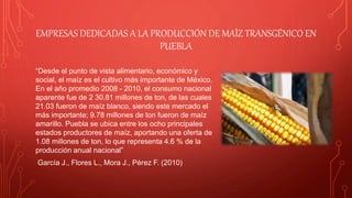 EMPRESAS DEDICADAS A LA PRODUCCIÓN DE MAÍZ TRANSGÉNICO EN
PUEBLA
“Desde el punto de vista alimentario, económico y
social, el maíz es el cultivo más importante de México.
En el año promedio 2008 - 2010, el consumo nacional
aparente fue de 2 30.81 millones de ton, de las cuales
21.03 fueron de maíz blanco, siendo este mercado el
más importante; 9.78 millones de ton fueron de maíz
amarillo. Puebla se ubica entre los ocho principales
estados productores de maíz, aportando una oferta de
1.08 millones de ton, lo que representa 4.6 % de la
producción anual nacional”
García J., Flores L., Mora J., Pérez F. (2010)
 