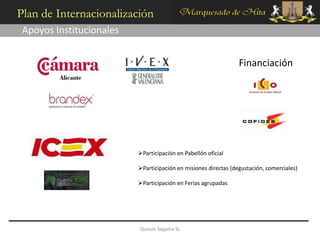 Plan de Internacionalización
 Apoyos Institucionales


                                                                 Financiación




                          Participación en Pabellón oficial

                          Participación en misiones directas (degustación, comerciales)

                          Participación en Ferias agrupadas




                          Quesos Segama SL
 