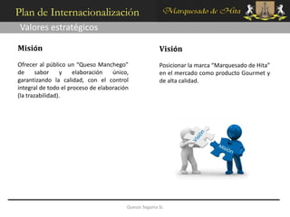 Plan de Internacionalización
 Valores estratégicos

Misión                                                 Visión
Ofrecer al público un “Queso Manchego”                 Posicionar la marca “Marquesado de Hita”
de      sabor    y    elaboración   único,             en el mercado como producto Gourmet y
garantizando la calidad, con el control                de alta calidad.
integral de todo el proceso de elaboración
(la trazabilidad).




                                         Quesos Segama SL
 