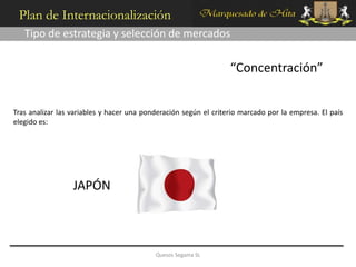 Plan de Internacionalización
   Tipo de estrategia y selección de mercados

                                                                  “Concentración”


Tras analizar las variables y hacer una ponderación según el criterio marcado por la empresa. El país
elegido es:




                  JAPÓN



                                           Quesos Segama SL
 