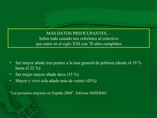 MÁS DATOS PREOCUPANTES…  Sobre todo cuando nos referimos al colectivo  que entró en el siglo XXI con 70 años cumplidos Ser mayor añade tres puntos a la tasa general de pobreza (desde el 19 % hasta el 22 %) Ser mujer mayor añade doce (35 %) Mayor y vivir sola añade más de veinte (43%) “ Las personas mayores en España 2004”. Informe IMSERSO 