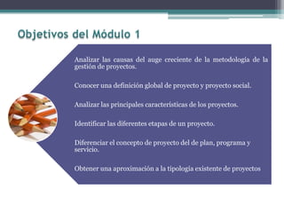 Analizar las causas del auge creciente de la metodología de la
gestión de proyectos.
Conocer una definición global de proyecto y proyecto social.
Analizar las principales características de los proyectos.
Identificar las diferentes etapas de un proyecto.
Diferenciar el concepto de proyecto del de plan, programa y
servicio.
Obtener una aproximación a la tipología existente de proyectos
 