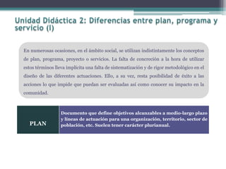 PLAN
Documento que define objetivos alcanzables a medio-largo plazo
y líneas de actuación para una organización, territorio, sector de
población, etc. Suelen tener carácter plurianual.
En numerosas ocasiones, en el ámbito social, se utilizan indistintamente los conceptos
de plan, programa, proyecto o servicios. La falta de concreción a la hora de utilizar
estos términos lleva implícita una falta de sistematización y de rigor metodológico en el
diseño de las diferentes actuaciones. Ello, a su vez, resta posibilidad de éxito a las
acciones lo que impide que puedan ser evaluadas así como conocer su impacto en la
comunidad.
 
