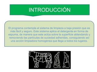 INTRODUCCIÓN


El programa contempla el sistema de limpieza a baja presión que es
  más fácil y seguro. Este sistema aplica el detergente en forma de
espuma, de manera que este actúa sobre la superficie ablandando y
 removiendo las partículas de suciedad adheridas, consiguiendo así
  una acción limpiadora homogénea que llega a todos los lugares.
 