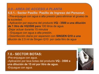 6.0.- AREA DE ACCESO A PLANTA
6.0.1.- Sector Pasillo: Pasillo de Ingreso del Personal.
- Pre-enjuague con agua a alta presión para eliminar el grueso de
la suciedad.
- Aplicación por espuma del producto VQ - 3500 a una dilución
de 1 litro de VQ3500 para 100 litros de agua.
-Dejar actuar durante 15 minutos.
 - Enjuague con agua a alta presión.
- Desinfección diaria por aspersión con SINGEN Q10 a una
dilución de 2.5 ml de Singen Q10 por cada litro de agua.




7.0.- SECTOR BOTAS:
-Pre-enjuague con agua.
-Aplicación por lava botas del producto VQ - 3500 a
una dilución de 15 ml por litro de agua.
-Enjuague con agua.
 