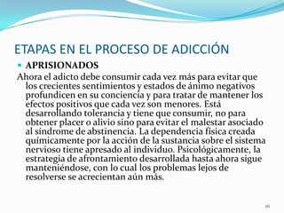 ETAPAS EN EL PROCESO DE ADICCIÓN
 APRISIONADOS
Ahora el adicto debe consumir cada vez más para evitar que
 los crecientes sentimientos y estados de ánimo negativos
 profundicen en su conciencia y para tratar de mantener los
 efectos positivos que cada vez son menores. Está
 desarrollando tolerancia y tiene que consumir, no para
 obtener placer o alivio sino para evitar el malestar asociado
 al síndrome de abstinencia. La dependencia física creada
 químicamente por la acción de la sustancia sobre el sistema
 nervioso tiene apresado al individuo. Psicológicamente, la
 estrategia de afrontamiento desarrollada hasta ahora sigue
 manteniéndose, con lo cual los problemas lejos de
 resolverse se acrecientan aún más.

                                                             26
 