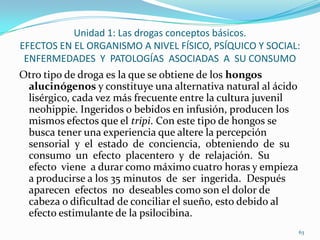 Unidad 1: Las drogas conceptos básicos.
EFECTOS EN EL ORGANISMO A NIVEL FÍSICO, PSÍQUICO Y SOCIAL:
 ENFERMEDADES Y PATOLOGÍAS ASOCIADAS A SU CONSUMO
Otro tipo de droga es la que se obtiene de los hongos
 alucinógenos y constituye una alternativa natural al ácido
 lisérgico, cada vez más frecuente entre la cultura juvenil
 neohippie. Ingeridos o bebidos en infusión, producen los
 mismos efectos que el tripi. Con este tipo de hongos se
 busca tener una experiencia que altere la percepción
 sensorial y el estado de conciencia, obteniendo de su
 consumo un efecto placentero y de relajación. Su
 efecto viene a durar como máximo cuatro horas y empieza
 a producirse a los 35 minutos de ser ingerida. Después
 aparecen efectos no deseables como son el dolor de
 cabeza o dificultad de conciliar el sueño, esto debido al
 efecto estimulante de la psilocibina.
                                                              63
 
