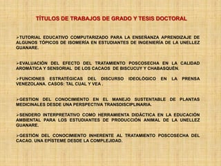 TUTORIAL EDUCATIVO COMPUTARIZADO PARA LA ENSEÑANZA APRENDIZAJE DE
ALGUNOS TÓPICOS DE ISOMERÍA EN ESTUDIANTES DE INGENIERÍA DE LA UNELLEZ
GUANARE.
EVALUACIÓN DEL EFECTO DEL TRATAMIENTO POSCOSECHA EN LA CALIDAD
AROMÁTICA Y SENSORIAL DE LOS CACAOS DE BISCUCUY Y CHABASQUÉN.
FUNCIONES ESTRATÉGICAS DEL DISCURSO IDEOLÓGICO EN LA PRENSA
VENEZOLANA. CASOS: TAL CUAL Y VEA .
GESTION DEL CONOCIMIENTO EN EL MANEJO SUSTENTABLE DE PLANTAS
MEDICINALES DESDE UNA PERSPECTIVA TRANSDISCIPLINARIA.
SENDERO INTERPRETATIVO COMO HERRAMIENTA DIDÁCTICA EN LA EDUCACIÓN
AMBIENTAL PARA LOS ESTUDIANTES DE PRODUCCIÓN ANIMAL DE LA UNELLEZ
GUANARE.
GESTIÓN DEL CONOCIMIENTO INHERENTE AL TRATAMIENTO POSCOSECHA DEL
CACAO. UNA EPÍSTEME DESDE LA COMPLEJIDAD.
TÍTULOS DE TRABAJOS DE GRADO Y TESIS DOCTORAL
 