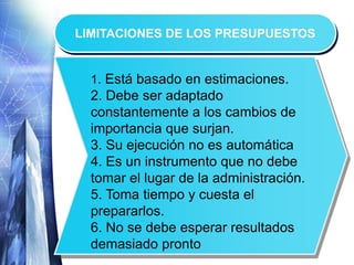 1. Está basado en estimaciones.
2. Debe ser adaptado
constantemente a los cambios de
importancia que surjan.
3. Su ejecución no es automática
4. Es un instrumento que no debe
tomar el lugar de la administración.
5. Toma tiempo y cuesta el
prepararlos.
6. No se debe esperar resultados
demasiado pronto
LIMITACIONES DE LOS PRESUPUESTOS
 