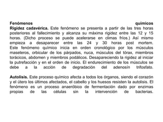 Fenómenos                                                           químicos
Rigidez cadavérica. Este fenómeno se presenta a partir de las tres horas
posteriores al fallecimiento y alcanza su máxima rigidez entre las 12 y 15
horas. (Dicho proceso se puede acelerarse en climas fríos.) Así mismo
empieza a desaparecer entre las 24 y 30 horas post mortem.
Este fenómeno químico inicia en orden cronológico por los músculos
maseteros, orbicular de los párpados, nuca, músculos del tórax, miembros
torácicos, abdomen y miembros podálicos. Desapareciendo la rigidez al iniciar
la putrefacción y en el orden de inicio. El endurecimiento de los músculos se
debe     a    la   acción    de    degradación    del    adenosín   trifosfato.

Autolisis. Este proceso químico afecta a todos los órganos, siendo el corazón
y el útero los últimos afectados, el cabello y los huesos resisten la autolisis. El
fenómeno es un proceso anaeróbico de fermentación dado por enzimas
propias     de     las   células     sin   la    intervención    de    bacterias.
 