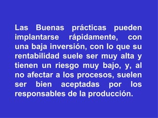 Las Buenas prácticas pueden implantarse rápidamente, con una baja inversión, con lo que su rentabilidad suele ser muy alta y tienen un riesgo muy bajo, y, al no afectar a los procesos, suelen ser bien aceptadas por los responsables de la producción. 