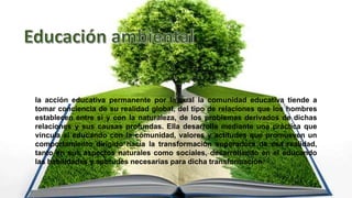 la acción educativa permanente por la cual la comunidad educativa tiende a
tomar conciencia de su realidad global, del tipo de relaciones que los hombres
establecen entre sí y con la naturaleza, de los problemas derivados de dichas
relaciones y sus causas profundas. Ella desarrolla mediante una práctica que
vincula al educando con la comunidad, valores y actitudes que promueven un
comportamiento dirigido hacia la transformación superadora de esa realidad,
tanto en sus aspectos naturales como sociales, desarrollando en el educando
las habilidades y aptitudes necesarias para dicha transformación
 