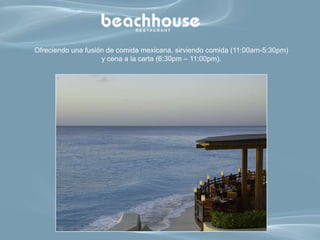 Ofreciendo una fusión de comida mexicana, sirviendo comida (11:00am-5:30pm)
                    y cena a la carta (6:30pm – 11:00pm).
 