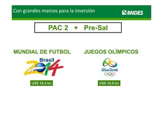 Con grandes marcos para la inversión


                 PAC 2 + Pre-Sal


MUNDIAL DE FUTBOL              JUEGOS OLÍMPICOS




        US$ 19 4 bn
            19.4                       US$ 16 9 bn
                                           16.9
 