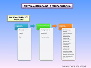 ING. CELEYMA RODRIGUEZ CLASIFICACIÓN DE LOS PRODUCTO MEZCLA AMPLIADA DE LA MERCADOTECNIA 