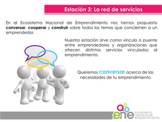 Estación 3: La red de servicios En el Ecosistema Nacional de Emprendimiento nos hemos propuesto  conversar ,  cooperar  y  construir  sobre todos los temas que conciernen a un emprendedor.  Queremos  conversar  acerca de las necesidades de tu emprendimiento Nuestra estación sirve como vínculo o puente entre emprendedores y organizaciones que ofrecen distintos servicios vinculados al emprendimiento. 