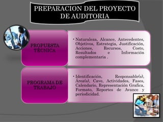 PREPARACION DEL PROYECTO
DE AUDITORIA

• Naturaleza, Alcance, Antecedentes,
Objetivos, Estrategia, Justificación,
Acciones,
Recursos,
Costo,
Resultados
e
Información
complementaria .

• Identificación,
Responsable(s),
Área(s), Cave, Actividades, Fases,
Calendario, Representación Grafica,
Formato, Reportes de Avance y
periodicidad.

 