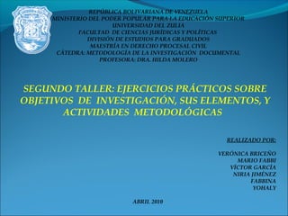 REPÚBLICA BOLIVARIANA DE VENEZUELA
MINISTERIO DEL PODER POPULAR PARA LA EDUCACIÓN SUPERIOR
UNIVERSIDAD DEL ZULIA
FACULTAD DE CIENCIAS JURÍDICAS Y POLÍTICAS
DIVISIÓN DE ESTUDIOS PARA GRADUADOS
MAESTRÍA EN DERECHO PROCESAL CIVIL
CÁTEDRA: METODOLOGÍA DE LA INVESTIGACIÓN DOCUMENTAL
PROFESORA: DRA. HILDA MOLERO
SEGUNDO TALLER: EJERCICIOS PRÁCTICOS SOBRE
OBJETIVOS DE INVESTIGACIÓN, SUS ELEMENTOS, Y
ACTIVIDADES METODOLÓGICAS
REALIZADO POR:
VERÓNICA BRICEÑO
MARIO FABBI
VÍCTOR GARCÍA
NIRIA JIMÉNEZ
FABBINA
YOHALY
ABRIL 2010
 