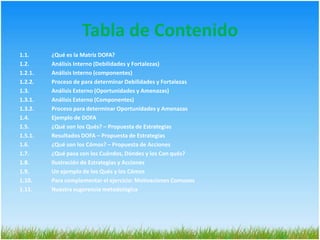 Tabla de Contenido1.1.		¿Qué es la Matriz DOFA?1.2.		Análisis Interno (Debilidades y Fortalezas)1.2.1.	Análisis Interno (componentes)1.2.2.	Proceso de para determinar Debilidades y Fortalezas1.3.		Análisis Externo (Oportunidades y Amenazas)1.3.1.	Análisis Externo (Componentes)1.3.2.	Proceso para determinar Oportunidades y Amenazas1.4. 		Ejemplo de DOFA 1.5.		¿Qué son los Qués? – Propuesta de Estrategias1.5.1.	Resultados DOFA – Propuesta de Estrategias1.6.		¿Qué son los Cómos? – Propuesta de Acciones1.7.		¿Qué pasa con los Cuándos, Dóndes y los Con qués?1.8.		Ilustración de Estrategias y Acciones1.9. 		Un ejemplo de los Qués y los Cómos1.10.	Para complementar el ejercicio: Motivaciones Comunes1.11.	Nuestra sugerencia metodológica