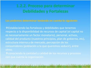 Igualmente se relacionan como variables internas el ambiente de trabajo, la interrelación entre quienes forman la organización, sus herramientas de comunicación, entre otros.1.2.1. Análisis Interno-Componentes:Fortalezas