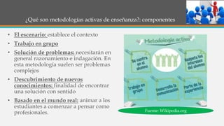 ¿Qué son metodologías activas de enseñanza?: componentes
• El escenario: establece el contexto
• Trabajo en grupo
• Solución de problemas: necesitarán en
general razonamiento e indagación. En
esta metodología suelen ser problemas
complejos
• Descubrimiento de nuevos
conocimientos: finalidad de encontrar
una solución con sentido
• Basado en el mundo real: animar a los
estudiantes a comenzar a pensar como
profesionales. Fuente: Wikipedia.org
 