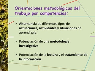Orientaciones metodológicas del
trabajo por competencias:
• Alternancia de diferentes tipos de
actuaciones, actividades y situaciones de
aprendizaje.
• Potenciación de una metodología
investigativa.
• Potenciación de la lectura y el tratamiento de
la información.
 