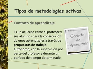Tipos de metodologías activas
Contrato de aprendizaje
Es un acuerdo entre el profesor y
sus alumnos para la consecución
de unos aprendizajes a través de
propuestas de trabajo
autónomo, con la supervisión por
parte del profesor y durante un
período de tiempo determinado.
 