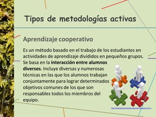 Tipos de metodologías activas
http://todosobreaprendizajecolaborativo.blogspot.com.es
/
Aprendizaje cooperativo
Es un método basado en el trabajo de los estudiantes en
actividades de aprendizaje divididos en pequeños grupos.
Se basa en la interacción entre alumnos
diversos. Incluye diversas y numerosas
técnicas en las que los alumnos trabajan
conjuntamente para lograr determinados
objetivos comunes de los que son
responsables todos los miembros del
equipo.
 