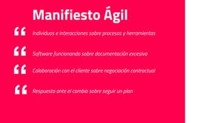“ Individuos e interacciones sobre procesos y herramientas
Manifiesto Ágil
Software funcionando sobre documentación excesiva
Colaboración con el cliente sobre negociación contractual
Respuesta ante el cambio sobre seguir un plan
 