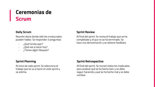 Ceremonias de
Scrum
Daily Scrum
Reunión diaria donde sólo los involucrados
pueden hablar. Se responden 3 preguntas:
- ¿Qué hiciste ayer?
- ¿Qué vas a hacer hoy?
- ¿Tienes algún bloqueo?
Sprint Review
Al final del sprint. Se revisa el trabajo que se ha
completado y el que no se ha terminado. Se
hace una demostración y se obtiene feedback.
Sprint Planning
Al inicio de cada sprint. Se selecciona el
trabajo que se va a hacer en este sprint y
se estima.
Sprint Retrospective
Al final del sprint. Se reunen todos los implicados
para analizar qué se ha hecho bien y se debe
seguir haciendo y qué se ha hecho mal y se debe
cambiar.
 