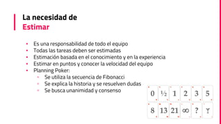 La necesidad de
Estimar
▪ Es una responsabilidad de todo el equipo
▪ Todas las tareas deben ser estimadas
▪ Estimación basada en el conocimiento y en la experiencia
▪ Estimar en puntos y conocer la velocidad del equipo
▪ Planning Poker:
▫ Se utiliza la secuencia de Fibonacci
▫ Se explica la historia y se resuelven dudas
▫ Se busca unanimidad y consenso
 