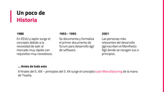 Un poco de
Historia
1986
En EEUU y Japón surge el
concepto debido a la
necesidad de salir al
mercado muy rápido con
requisitos muy novedosos.
1993 - 1995
Se documenta y formaliza
el primer documento de
Scrum para desarrollo ágil
de software.
2001
Las personas más
relevantes del desarrollo
ágil escriben el Manifiesto
Ágil donde se recogen sus 4
principios.
… Antes de todo esto
A finales del S. XIX ~ principios del S. XX surge el concepto Lean Manufacturing de la mano
de Toyota.
 