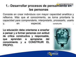 1.- Desarrollar procesos de pensamiento en
las personas
Consiste en crear individuos con mayor capacidad analítica y
reflexiva. Más que el conocimiento, se torna prioritaria la
capacidad para comprenderlo, interpretarlo, procesarlo, usarlo
y, en especial, construirlo .
La educación debe orientarse a enseñar
a pensar y a formar personas con actitud
de crítica constructiva y responsable,
que aprendan a apropiarse del
conocimiento y a CONSTRUIR EL
PROPIO.
 