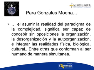 Para Gonzales Moena…
• … el asumir la realidad del paradigma de
la complejidad, significa ser capaz de
concebir sin oposiciones la organización,
la desorganización y la autoorganizacion,
e integrar las realidades física, biológica,
cultural.. Entre otras que conforman al ser
humano de manera simultanea.
 