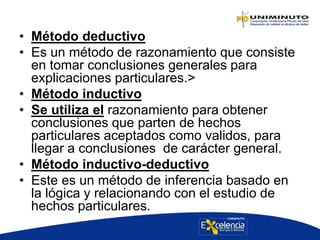 • Método deductivo
• Es un método de razonamiento que consiste
en tomar conclusiones generales para
explicaciones particulares.>
• Método inductivo
• Se utiliza el razonamiento para obtener
conclusiones que parten de hechos
particulares aceptados como validos, para
llegar a conclusiones de carácter general.
• Método inductivo-deductivo
• Este es un método de inferencia basado en
la lógica y relacionando con el estudio de
hechos particulares.
 