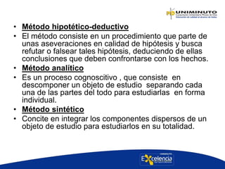 • Método hipotético-deductivo
• El método consiste en un procedimiento que parte de
unas aseveraciones en calidad de hipótesis y busca
refutar o falsear tales hipótesis, deduciendo de ellas
conclusiones que deben confrontarse con los hechos.
• Método analítico
• Es un proceso cognoscitivo , que consiste en
descomponer un objeto de estudio separando cada
una de las partes del todo para estudiarlas en forma
individual.
• Método sintético
• Concite en integrar los componentes dispersos de un
objeto de estudio para estudiarlos en su totalidad.
 