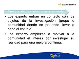 • Los experto entran en contacto con los
sujetos de la investigación (grupo o
comunidad donde se pretende llevar a
cabo el estudio).
• Los experto empiezan a motivar a la
comunidad el interés por investigar su
realidad para una mejora continua.
Fase uncial o de contacto con la comunidad
 