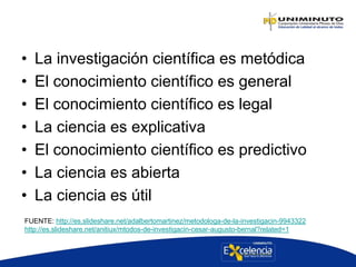 • La investigación científica es metódica
• El conocimiento científico es general
• El conocimiento científico es legal
• La ciencia es explicativa
• El conocimiento científico es predictivo
• La ciencia es abierta
• La ciencia es útil
FUENTE: http://es.slideshare.net/adalbertomartinez/metodologa-de-la-investigacin-9943322
http://es.slideshare.net/anitiux/mtodos-de-investigacin-cesar-augusto-bernal?related=1
 