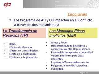 05.10.10 Los Programa de AH y CD impactan en el Conflicto a través de dos mecanismos: Lecciones La Transferencia de Recursos  (TR) Los Mensajes Éticos Implícitos  (MEI) Robo. Efectos de Mercado. Efectos en la Distribución. Efecto en la Sustitución. Efecto en la Legitimación. Armas y Poder. Desconfianza, falta de respeto y competencia entre Organizaciones Personal de las agencias e Impunidad Valores diferentes para vidas diferentes. Impotencia/Desempoderamiento. Beligerancia, tensión, sospechas. Publicidad. 