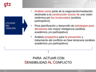 Análisis como  parte de la negociación/mediación, destinado a la  construcción común de  una visión sistémica por  los involucrados  (análisis participativo). Para planificación y desarrollo de  estrategias para decisiones  con mayor inteligencia (análisis académico y/o participativo) Análisis  prospectivo  para  la prevención  y tratamiento del conflicto en fase temprana (análisis académico y/o participativo). UTILIDAD  DEL ANALISIS PARA  ACTUAR CON  S ENSIBILIDAD  A L  C ONFLICTO  