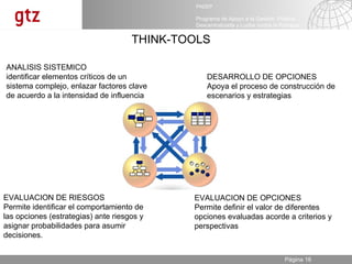 ANALISIS SISTEMICO identificar elementos críticos de un sistema complejo, enlazar factores clave de acuerdo a la intensidad de influencia DESARROLLO DE OPCIONES  Apoya el proceso de construcción de escenarios y estrategias EVALUACION DE RIESGOS Permite identificar el comportamiento de las opciones (estrategias) ante riesgos y asignar probabilidades para asumir decisiones. EVALUACION DE OPCIONES Permite definir el valor de diferentes opciones evaluadas acorde a criterios y perspectivas  THINK-TOOLS 