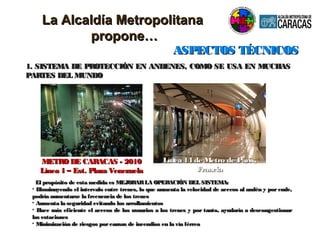 La Alcaldía MetropolitanaLa Alcaldía Metropolitana
propone…propone…
1. SISTEMA DE PROTECCIÓN EN ANDENES, COMO SE USA EN MUCHAS1. SISTEMA DE PROTECCIÓN EN ANDENES, COMO SE USA EN MUCHAS
PARTES DEL MUNDOPARTES DEL MUNDO
Línea 14 de Metro de Paris,Línea 14 de Metro de Paris,
FranciaFrancia
METRO DE CARACAS - 2010METRO DE CARACAS - 2010
Línea 1 – Est. Plaza VenezuelaLínea 1 – Est. Plaza Venezuela
El propósito de esta medida es MEJORARLA OPERACIÓN DEL SISTEMA:El propósito de esta medida es MEJORARLA OPERACIÓN DEL SISTEMA:
• Disminuyendo el intervalo entre trenes, lo que aumenta la velocidad de acceso al andén y por ende,Disminuyendo el intervalo entre trenes, lo que aumenta la velocidad de acceso al andén y por ende,
podría aumentarse la frecuencia de los trenespodría aumentarse la frecuencia de los trenes
• Aumenta la seguridad evitando los arrollamientosAumenta la seguridad evitando los arrollamientos
• Hace más eficiente el acceso de los usuarios a los trenes y por tanto, ayudaría a descongestionarHace más eficiente el acceso de los usuarios a los trenes y por tanto, ayudaría a descongestionar
las estacioneslas estaciones
• Minimización de riesgos porcausas de incendios en la vía férreaMinimización de riesgos porcausas de incendios en la vía férrea
ASPECTOS TÉCNICOSASPECTOS TÉCNICOS
 