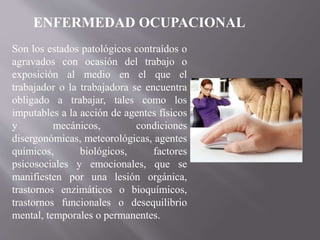 Son los estados patológicos contraídos o
agravados con ocasión del trabajo o
exposición al medio en el que el
trabajador o la trabajadora se encuentra
obligado a trabajar, tales como los
imputables a la acción de agentes físicos
y mecánicos, condiciones
disergonómicas, meteorológicas, agentes
químicos, biológicos, factores
psicosociales y emocionales, que se
manifiesten por una lesión orgánica,
trastornos enzimáticos o bioquímicos,
trastornos funcionales o desequilibrio
mental, temporales o permanentes.
ENFERMEDAD OCUPACIONAL
 