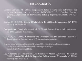 BIBLIOGRAFÍA
Castillo Serrano, M. (2007). Responsabilidades y Sanciones Patronales por
Incumplimiento de la norma LOPCYMAT. En Castillo Serrano
(Comp.), Legislación en Prevención, Salud y Seguridad Laboral. (pp. 421-
470).
Código Civil. (1982). Gaceta Oficial de la República de Venezuela Nº 2.990.
Fecha: Julio 26 de 1982.
Código Penal. (2006). Gaceta oficial. Nº 38.408. Extraordinario del 29 de marzo
de 2006. Caracas. Venezuela.
GAINZA, L. (2009). Consecuencias jurídicas de las lesiones, Sesión 8.
Traumatología forense, tema 4. Traumatología forense.
http://www.monografias.com/trabajos105/clasificacion-lesiones-segun-
codigo-penal/clasificacion-lesiones-segun-codigo-
penal.shtml#ixzz4snn24Vfd
Ley Orgánica de Prevención, Condiciones y Medio Ambiente de Trabajo
(2005). Gaceta Oficial de la República Bolivariana de Venezuela Nº 38.236.
Fecha: Junio 26 de 2005.
 