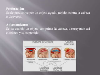 Perforación:
Suele producirse por un objeto agudo, rápido, contra la cabeza
o viceversa.
Aplastamiento:
Se da cuando un objeto comprime la cabeza, destruyendo así
el cráneo y su contenido.
 