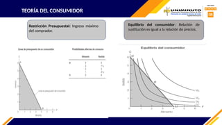 TEORÍA DEL CONSUMIDOR
Restricción Presupuestal: Ingreso máximo
del comprador.
Equilibrio del consumidor: Relación de
sustitución es igual a la relación de precios.
 